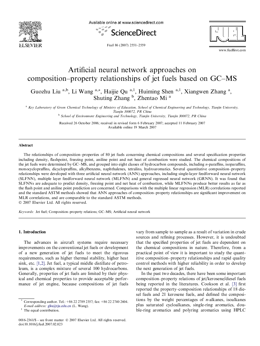 Artificial neural network approaches on composition–property relationships of jet fuels based on GC–MS