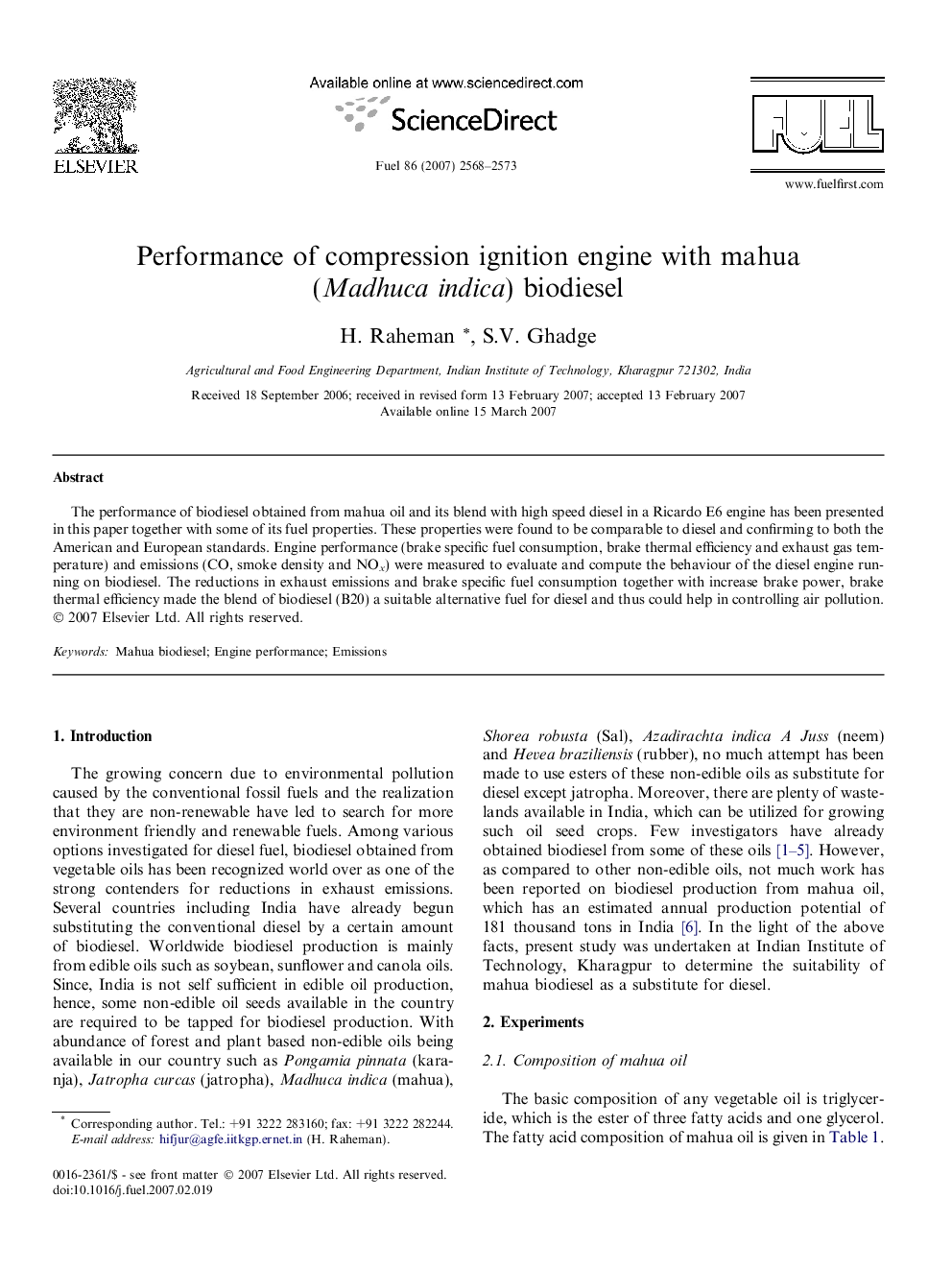 Performance of compression ignition engine with mahua (Madhuca indica) biodiesel