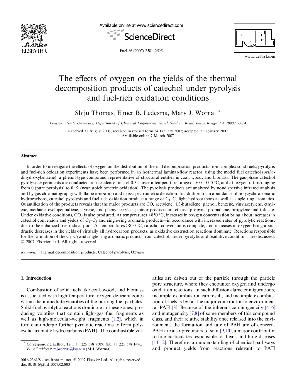 The effects of oxygen on the yields of the thermal decomposition products of catechol under pyrolysis and fuel-rich oxidation conditions