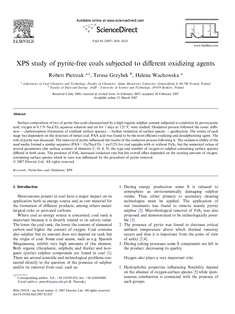 XPS study of pyrite-free coals subjected to different oxidizing agents