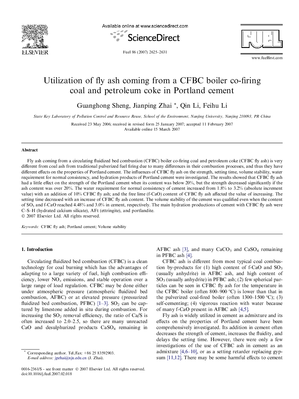 Utilization of fly ash coming from a CFBC boiler co-firing coal and petroleum coke in Portland cement