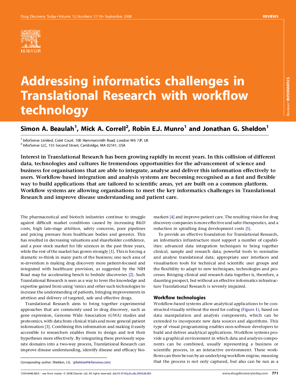 Addressing informatics challenges in Translational Research with workflow technology