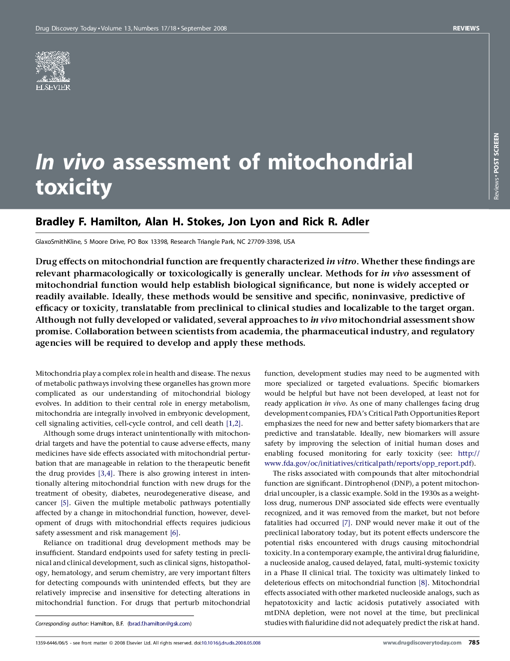 In vivo assessment of mitochondrial toxicity
