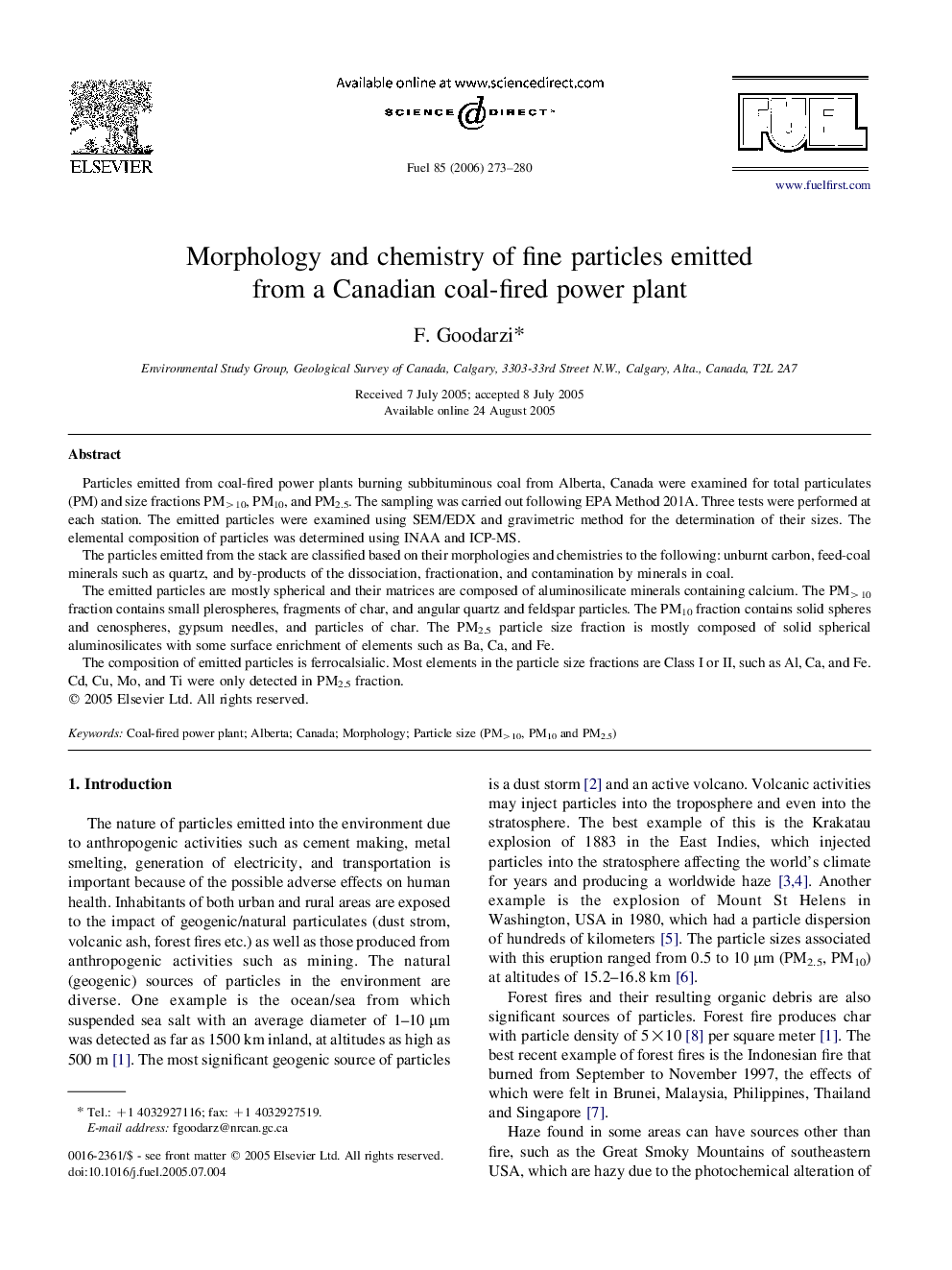 Morphology and chemistry of fine particles emitted from a Canadian coal-fired power plant