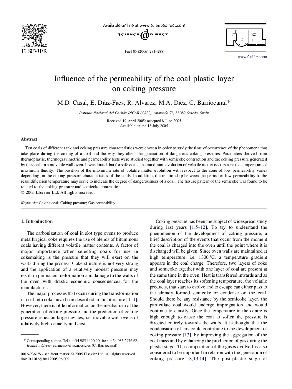 Influence of the permeability of the coal plastic layer on coking pressure