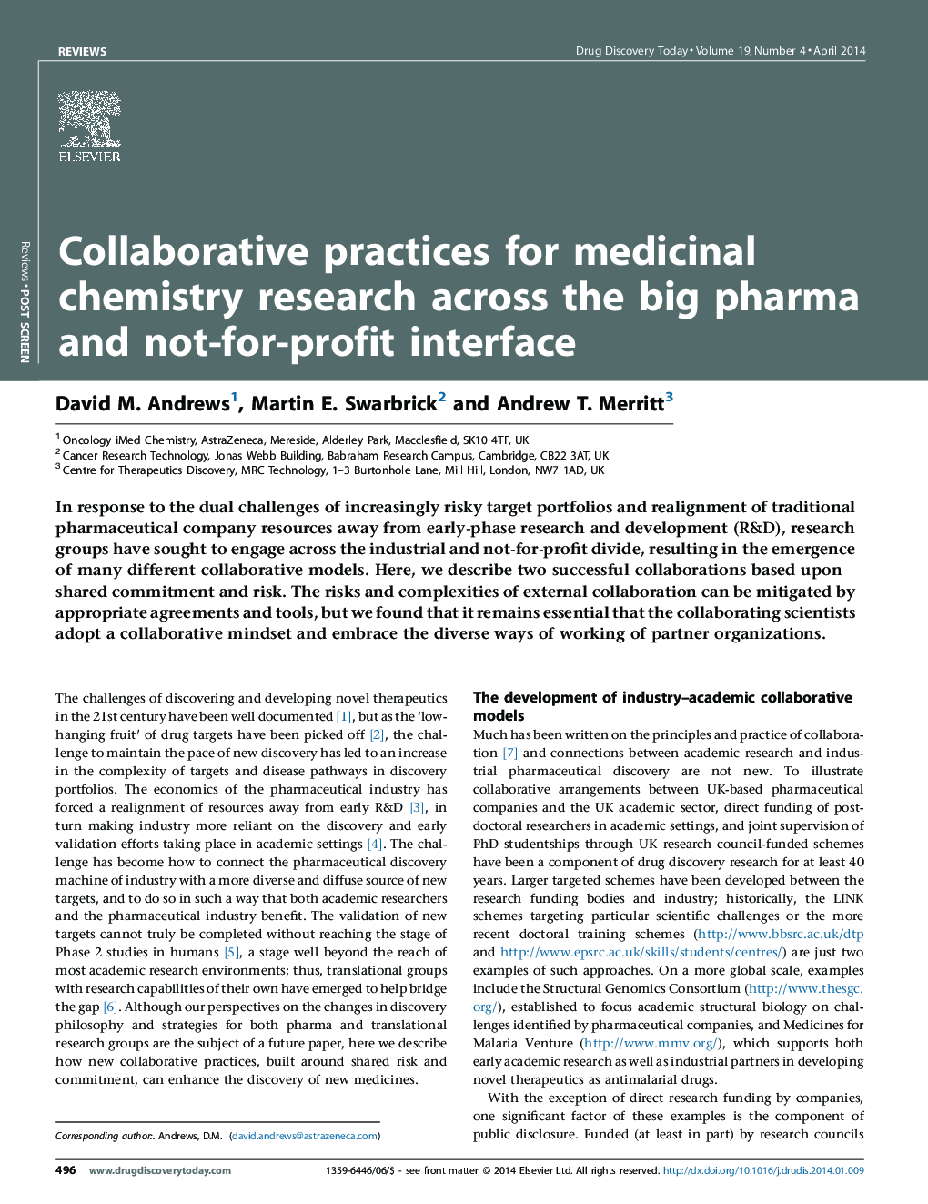 Collaborative practices for medicinal chemistry research across the big pharma and not-for-profit interface