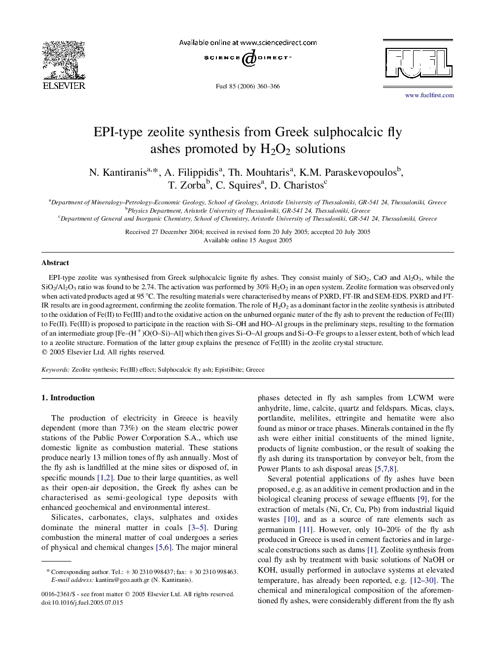 EPI-type zeolite synthesis from Greek sulphocalcic fly ashes promoted by H2O2 solutions