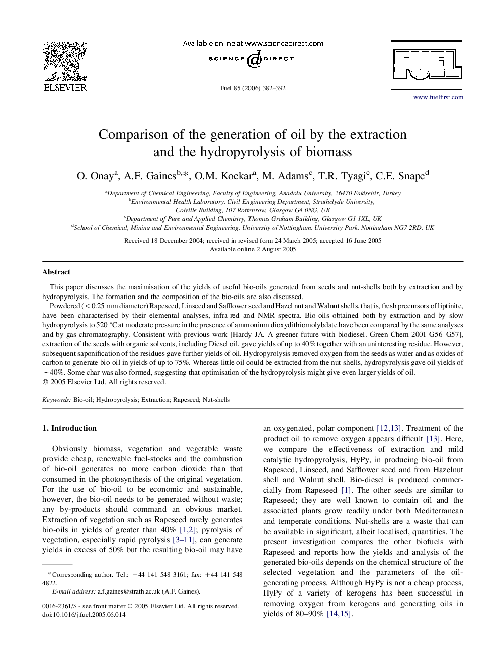 Comparison of the generation of oil by the extraction and the hydropyrolysis of biomass