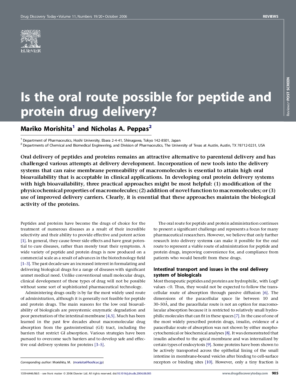 Is the oral route possible for peptide and protein drug delivery?