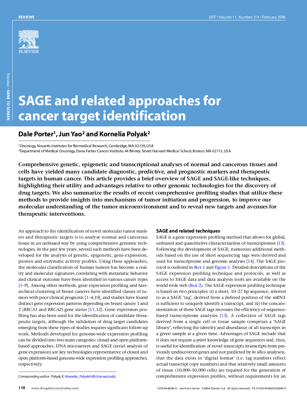 SAGE and related approaches for cancer target identification