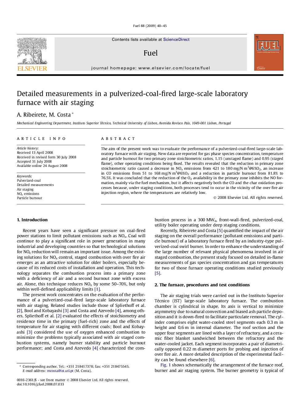 Detailed measurements in a pulverized-coal-fired large-scale laboratory furnace with air staging