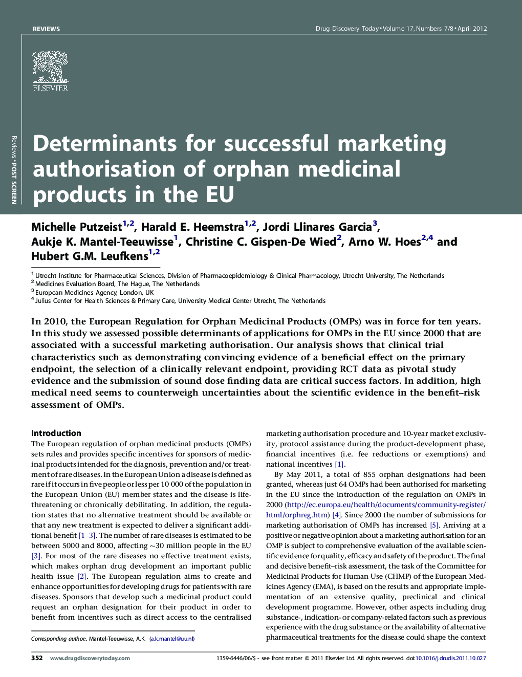 Determinants for successful marketing authorisation of orphan medicinal products in the EU