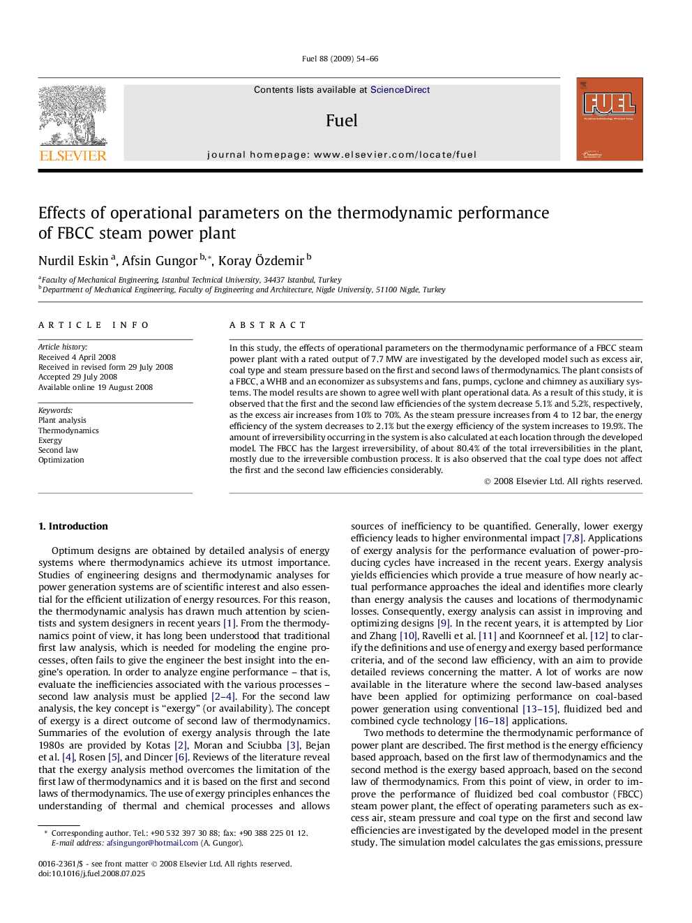 Effects of operational parameters on the thermodynamic performance of FBCC steam power plant