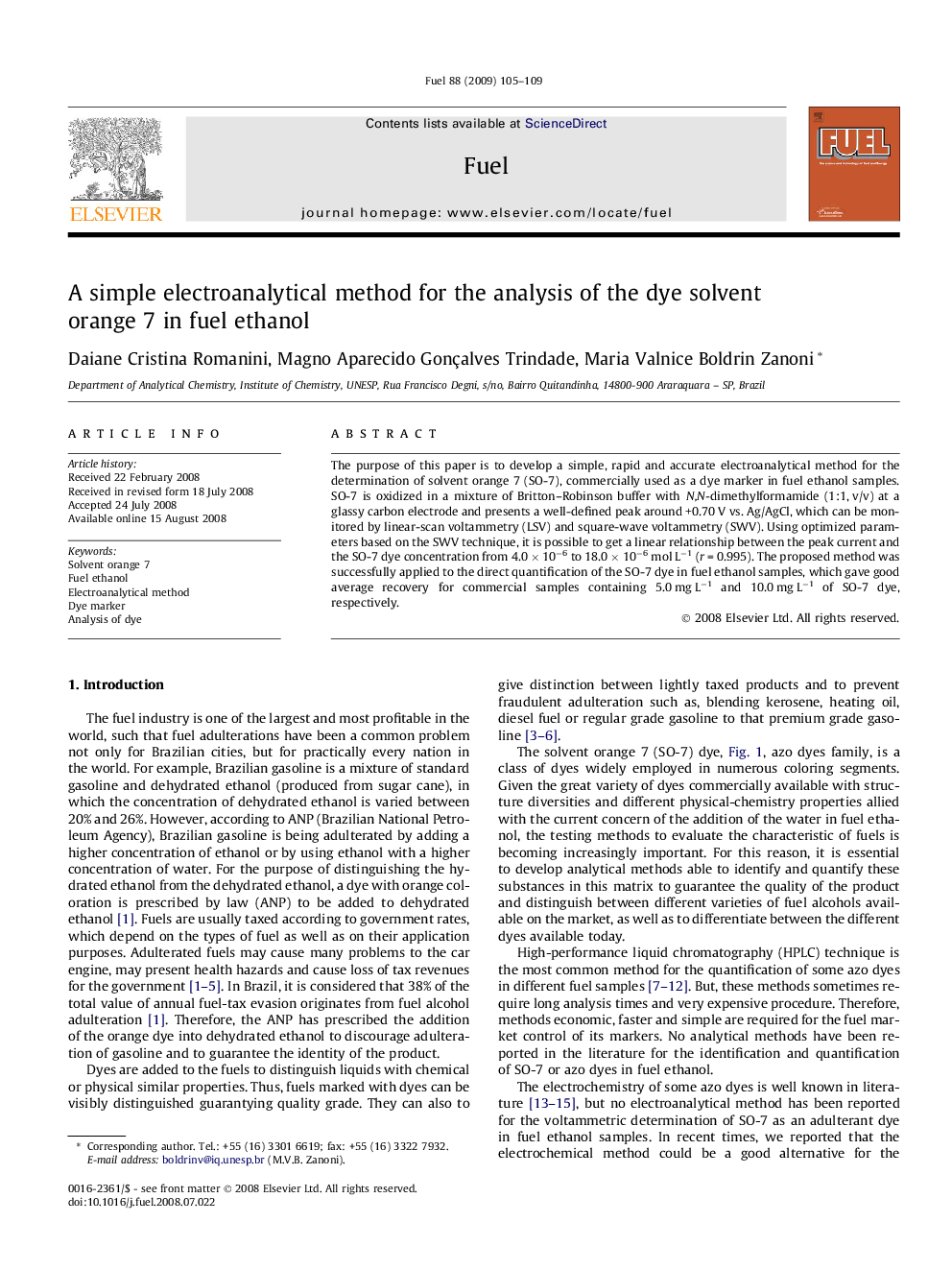 A simple electroanalytical method for the analysis of the dye solvent orange 7 in fuel ethanol