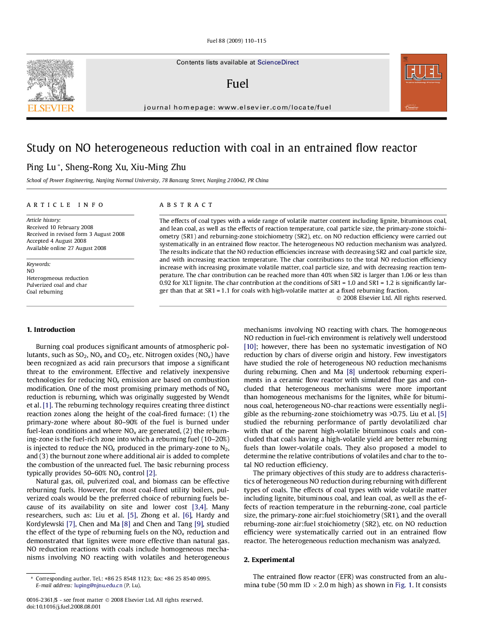 Study on NO heterogeneous reduction with coal in an entrained flow reactor