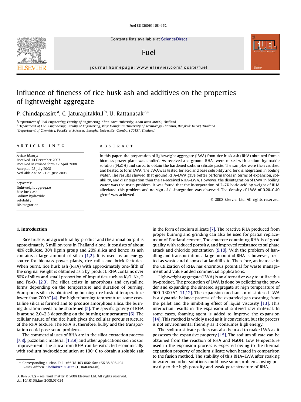 Influence of fineness of rice husk ash and additives on the properties of lightweight aggregate