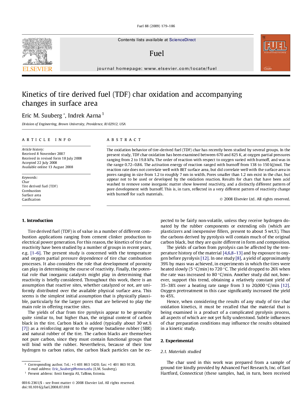 Kinetics of tire derived fuel (TDF) char oxidation and accompanying changes in surface area