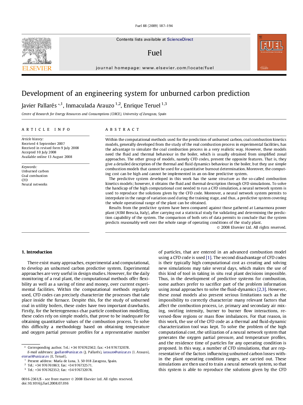 Development of an engineering system for unburned carbon prediction