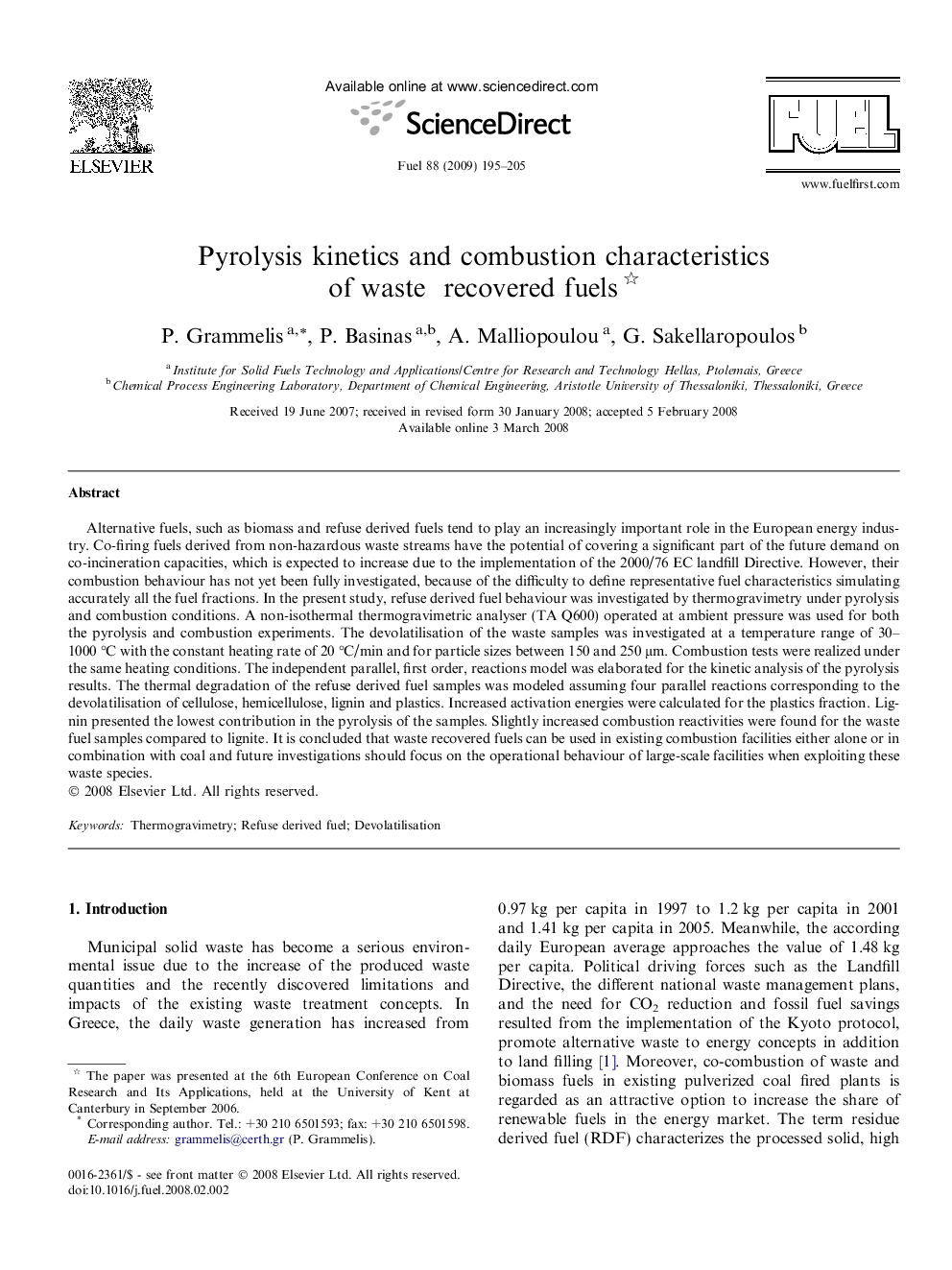 Pyrolysis kinetics and combustion characteristics of waste recovered fuels 