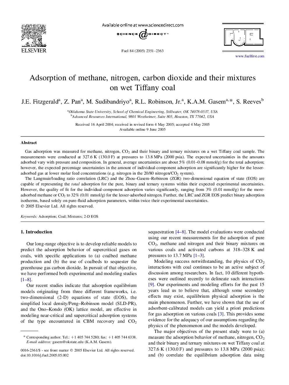 Adsorption of methane, nitrogen, carbon dioxide and their mixtures on wet Tiffany coal