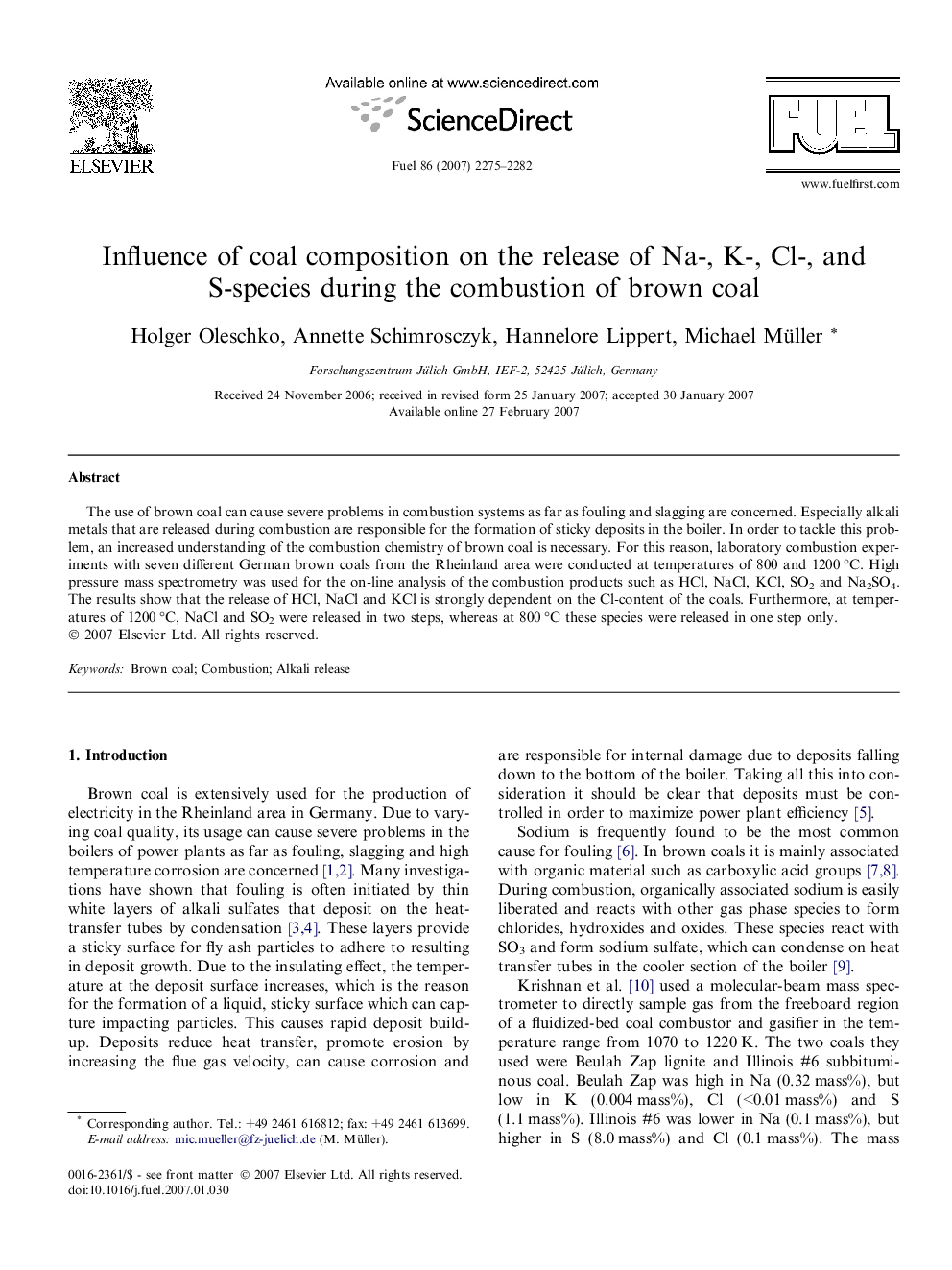 Influence of coal composition on the release of Na-, K-, Cl-, and S-species during the combustion of brown coal