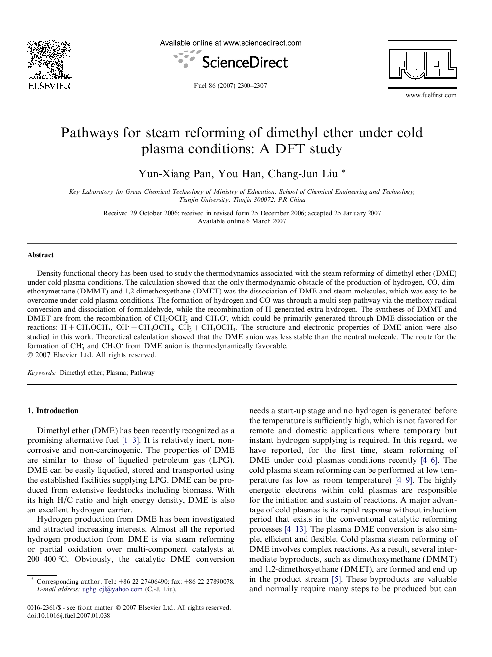 Pathways for steam reforming of dimethyl ether under cold plasma conditions: A DFT study