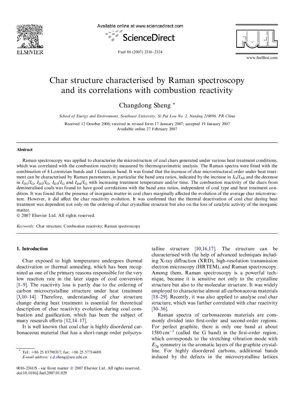 Char structure characterised by Raman spectroscopy and its correlations with combustion reactivity