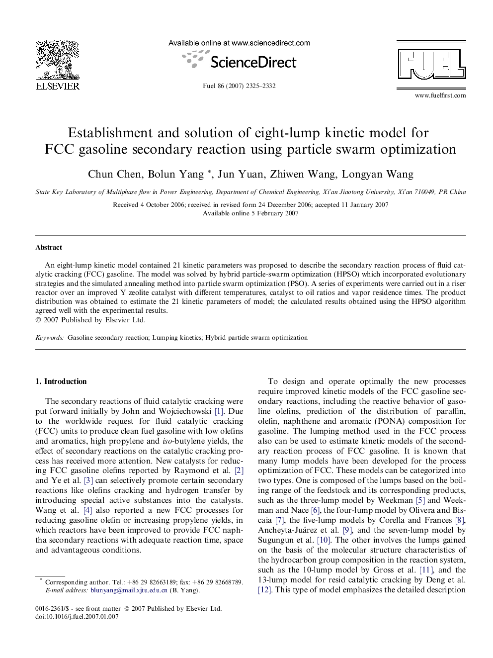 Establishment and solution of eight-lump kinetic model for FCC gasoline secondary reaction using particle swarm optimization