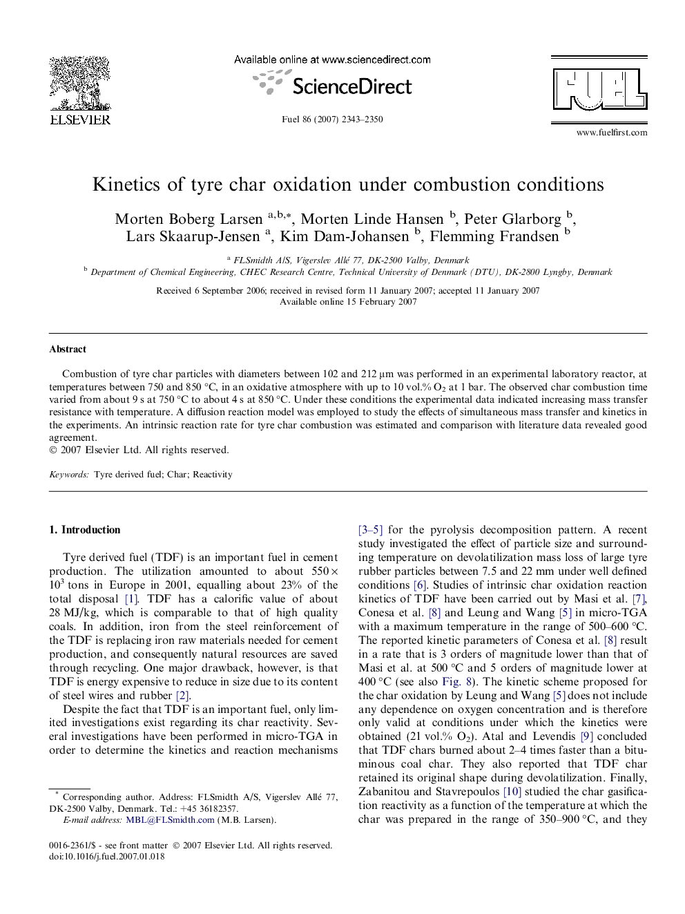 Kinetics of tyre char oxidation under combustion conditions