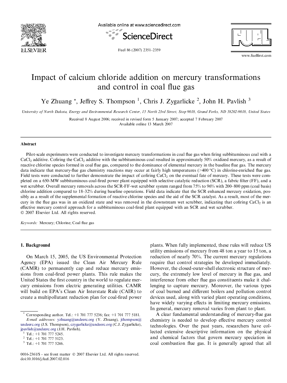 Impact of calcium chloride addition on mercury transformations and control in coal flue gas