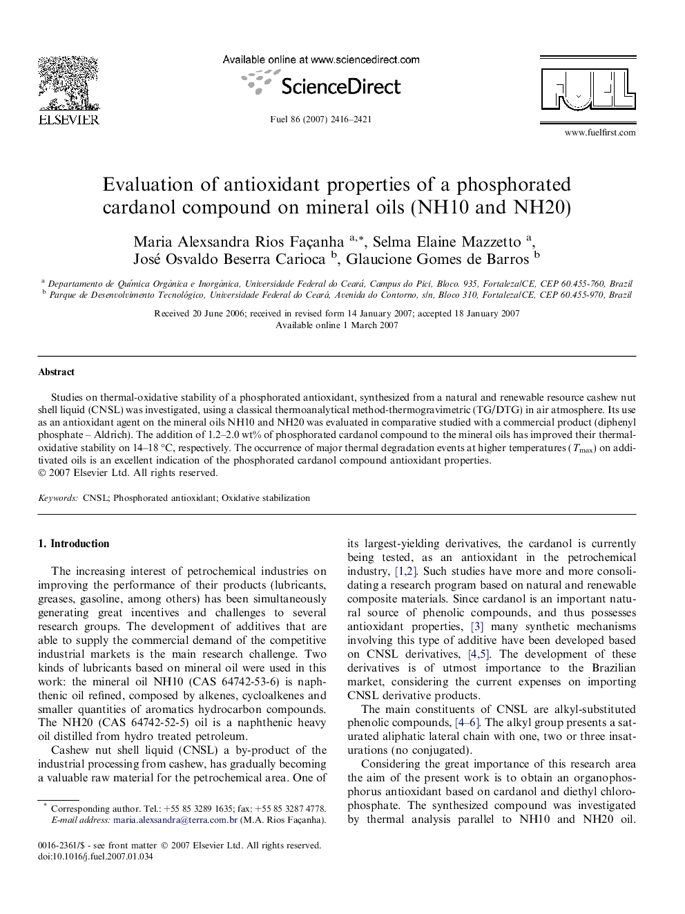 Evaluation of antioxidant properties of a phosphorated cardanol compound on mineral oils (NH10 and NH20)