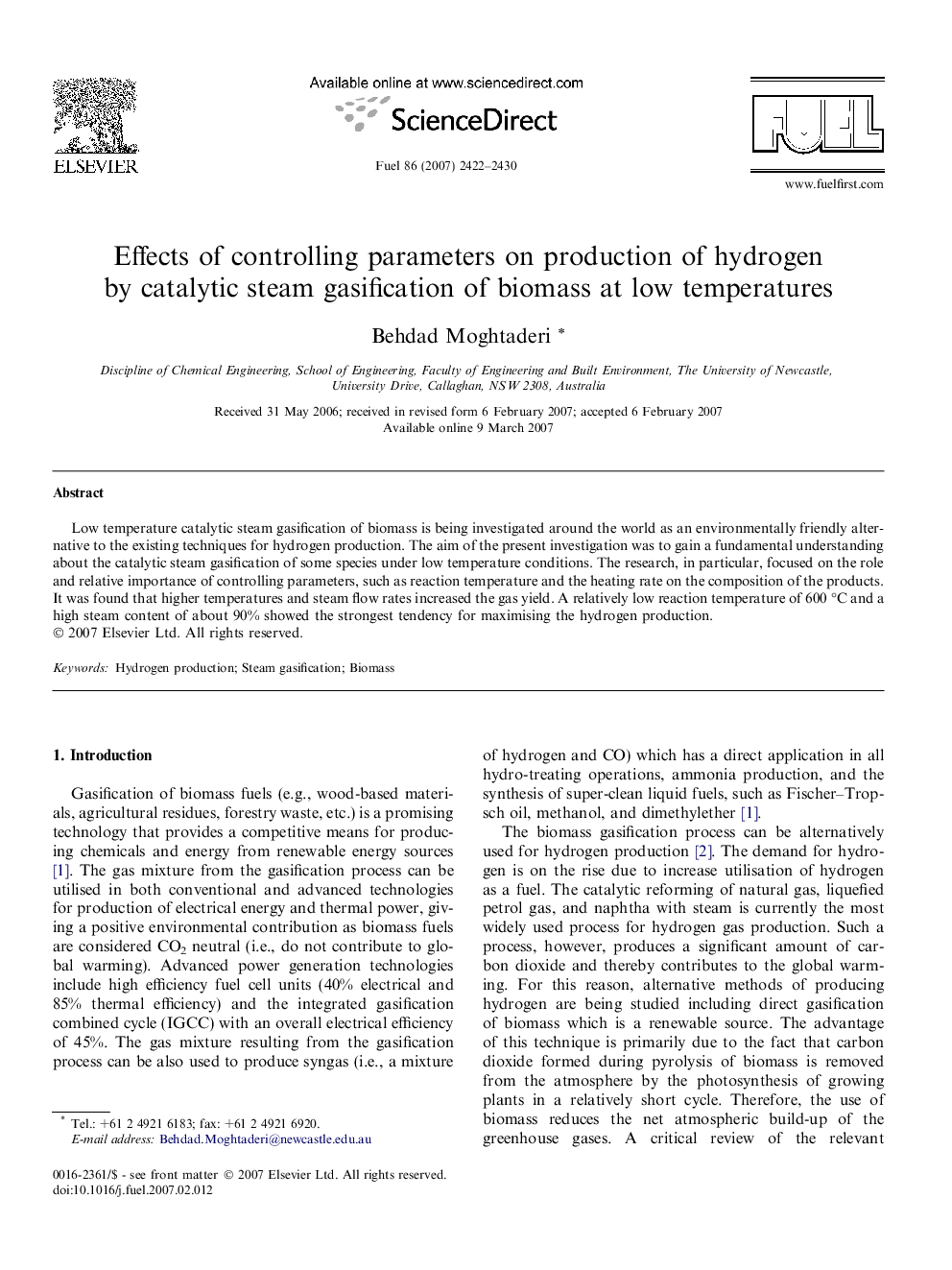 Effects of controlling parameters on production of hydrogen by catalytic steam gasification of biomass at low temperatures