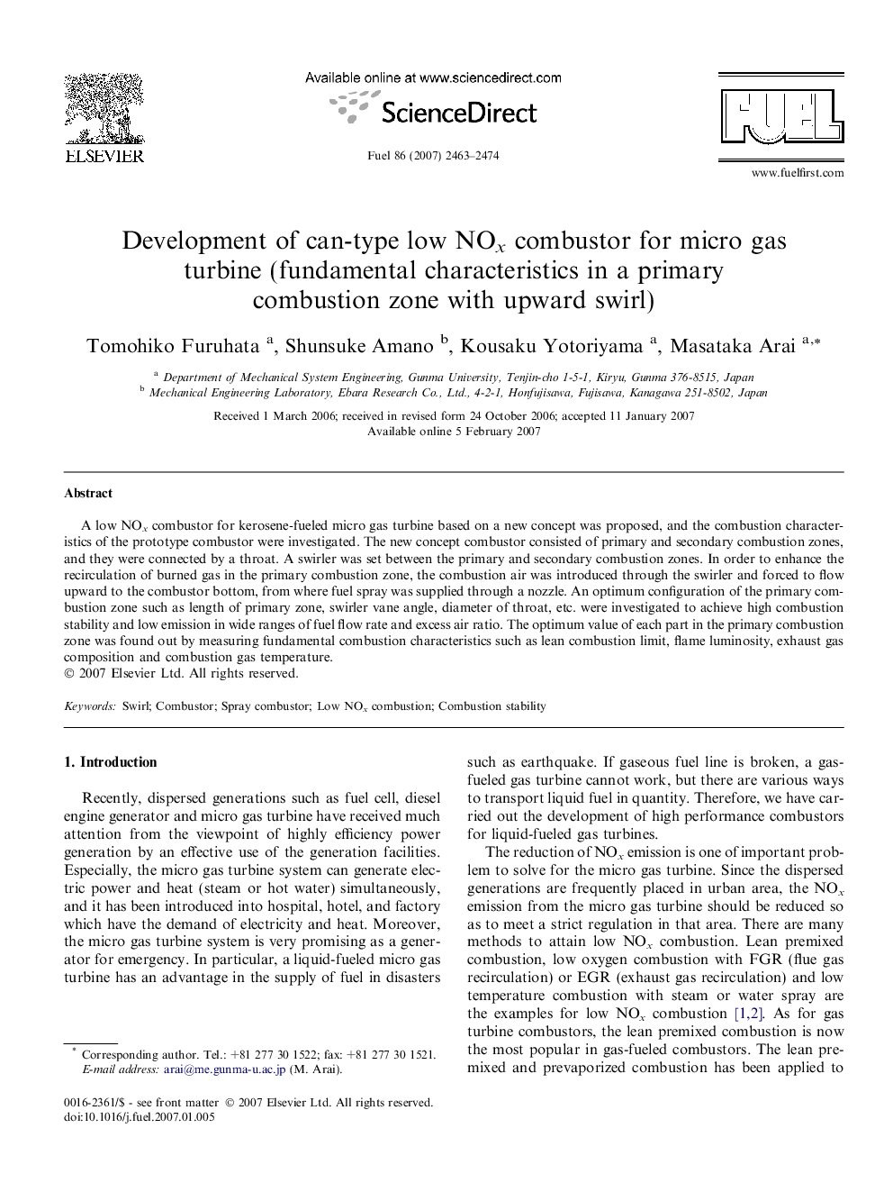 Development of can-type low NOx combustor for micro gas turbine (fundamental characteristics in a primary combustion zone with upward swirl)