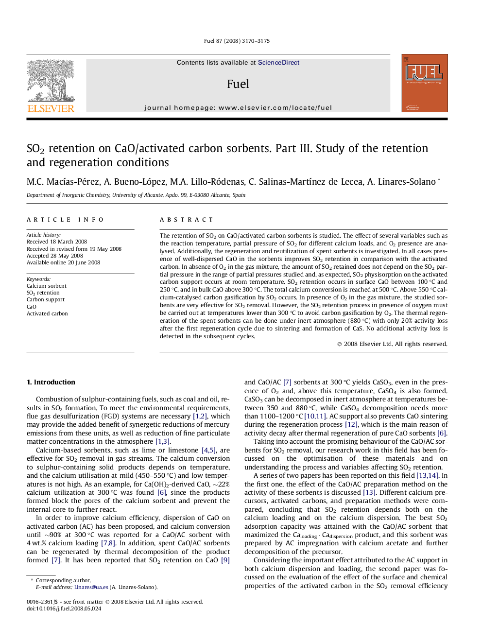 SO2 retention on CaO/activated carbon sorbents. Part III. Study of the retention and regeneration conditions