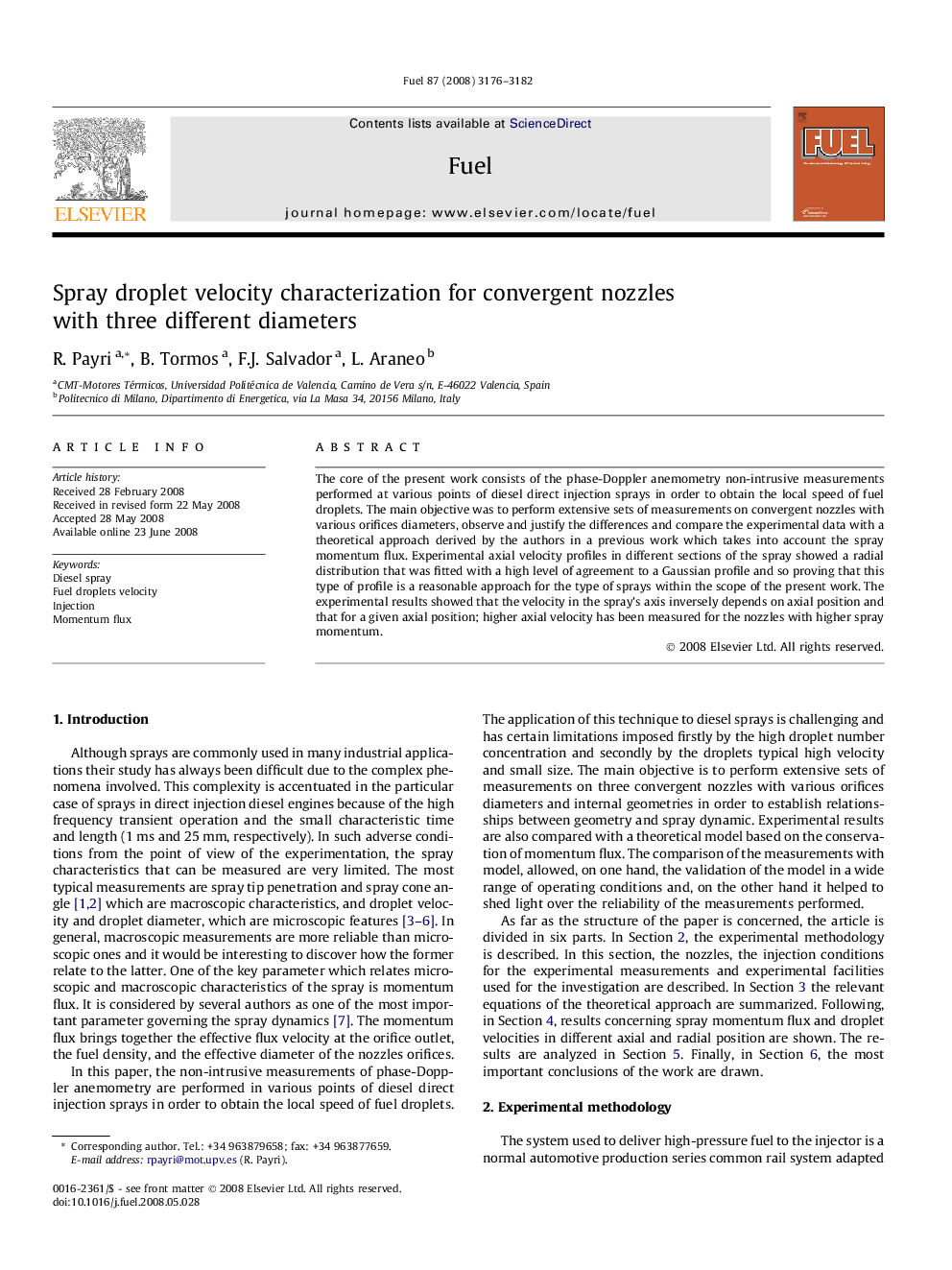 Spray droplet velocity characterization for convergent nozzles with three different diameters