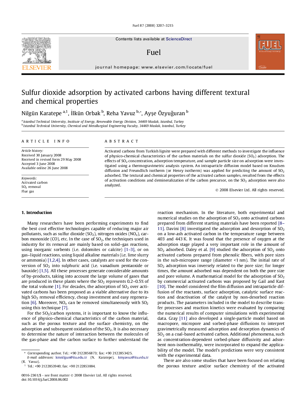 Sulfur dioxide adsorption by activated carbons having different textural and chemical properties