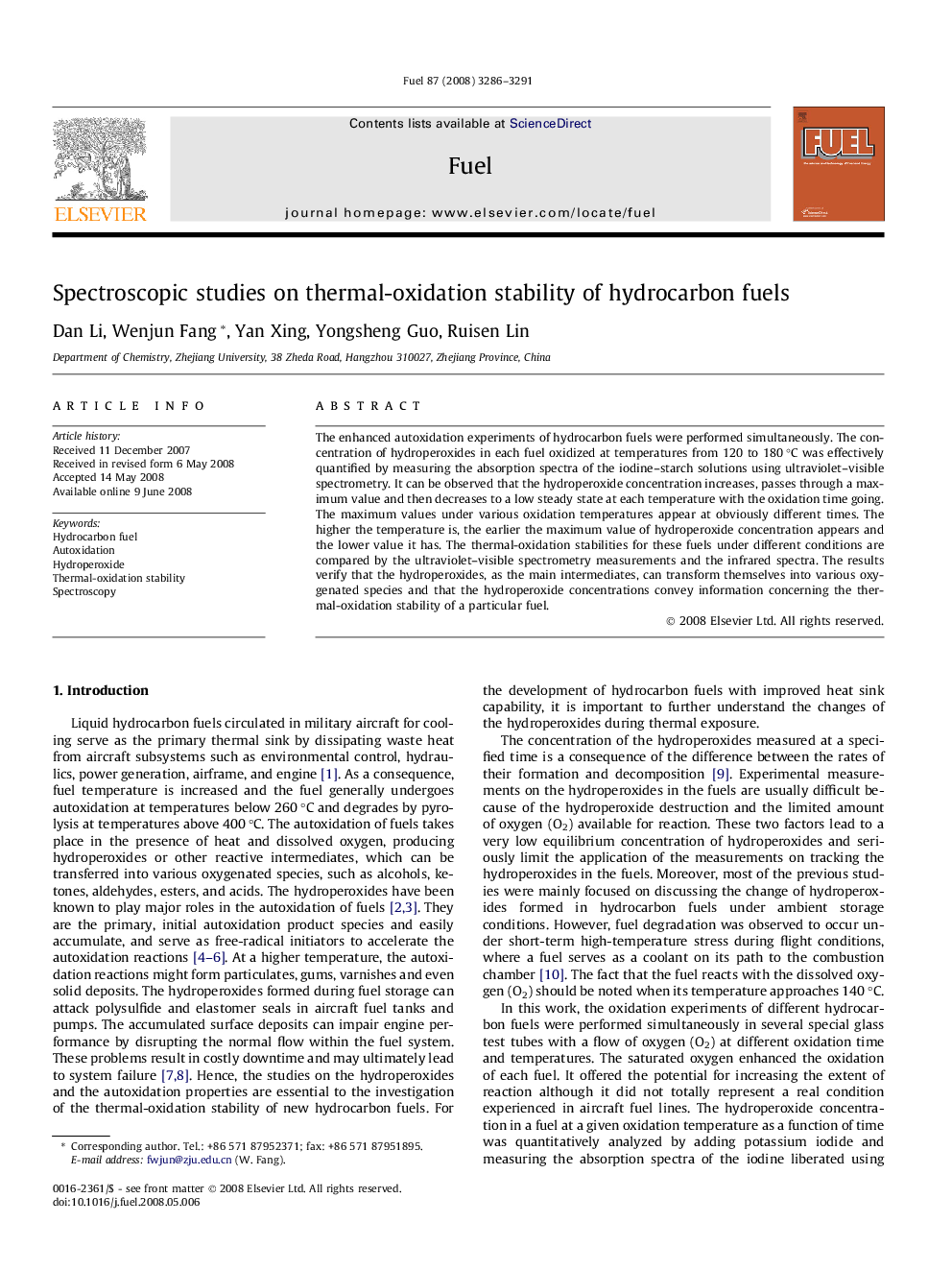 Spectroscopic studies on thermal-oxidation stability of hydrocarbon fuels