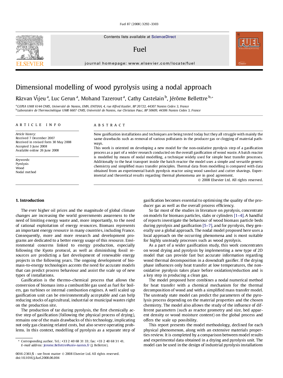 Dimensional modelling of wood pyrolysis using a nodal approach