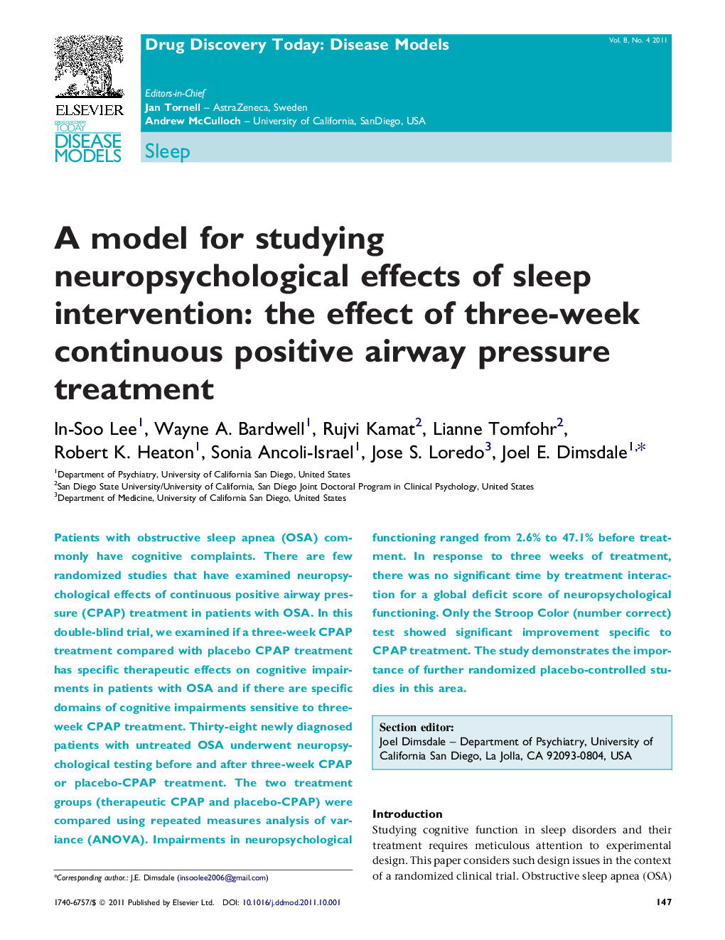 A model for studying neuropsychological effects of sleep intervention: the effect of three-week continuous positive airway pressure treatment