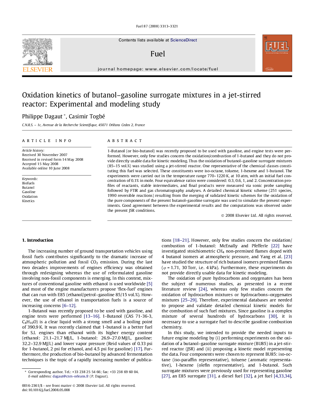 Oxidation kinetics of butanol–gasoline surrogate mixtures in a jet-stirred reactor: Experimental and modeling study