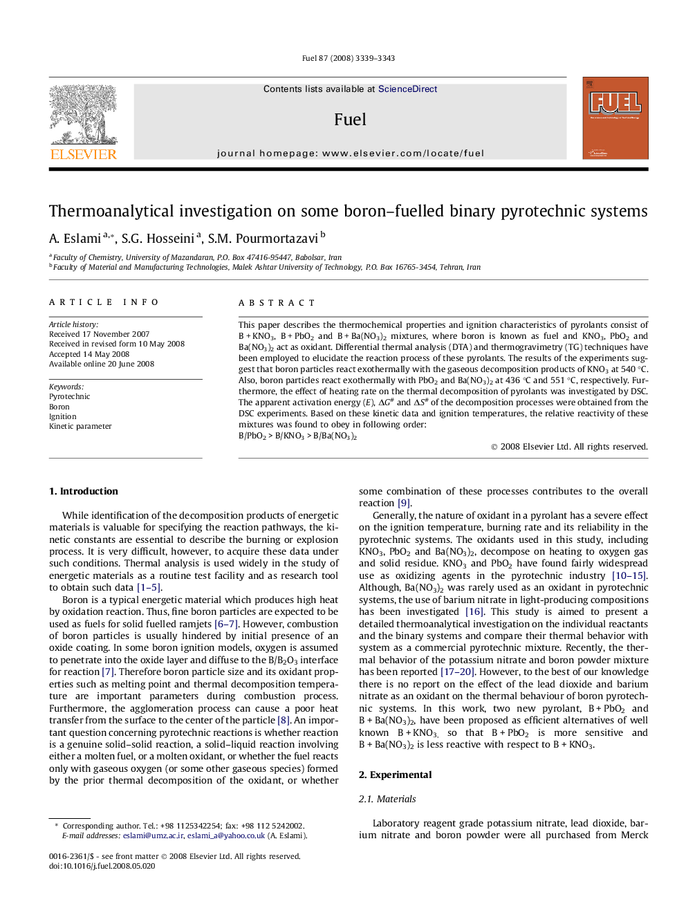 Thermoanalytical investigation on some boron–fuelled binary pyrotechnic systems