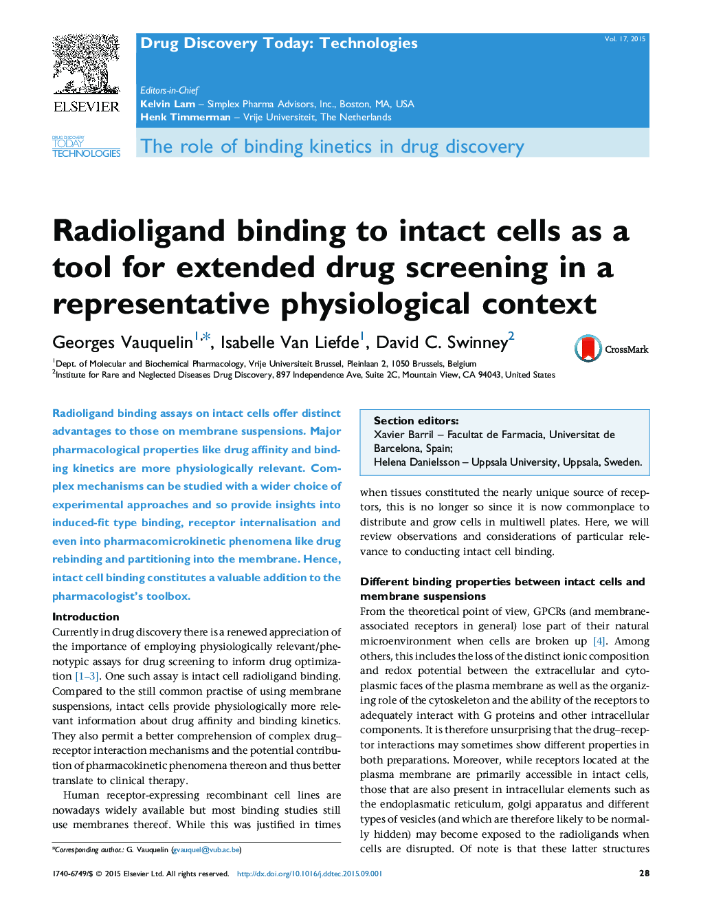 Radioligand binding to intact cells as a tool for extended drug screening in a representative physiological context