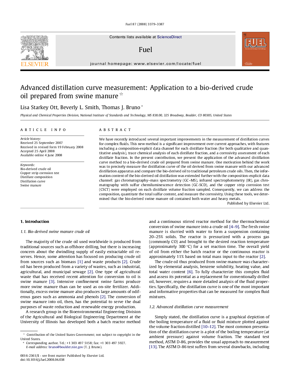 Advanced distillation curve measurement: Application to a bio-derived crude oil prepared from swine manure 