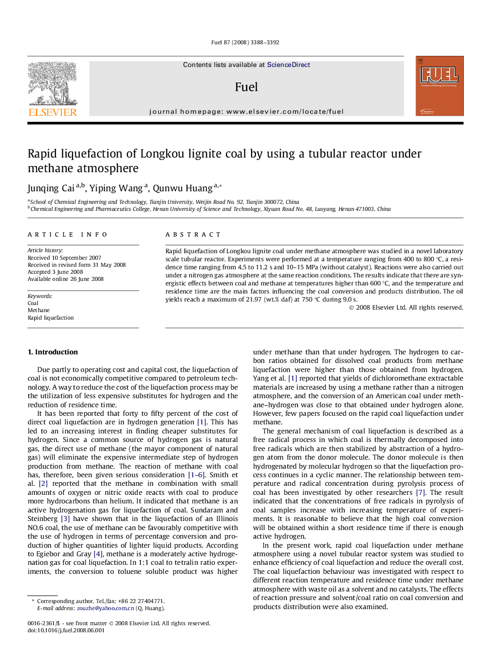 Rapid liquefaction of Longkou lignite coal by using a tubular reactor under methane atmosphere