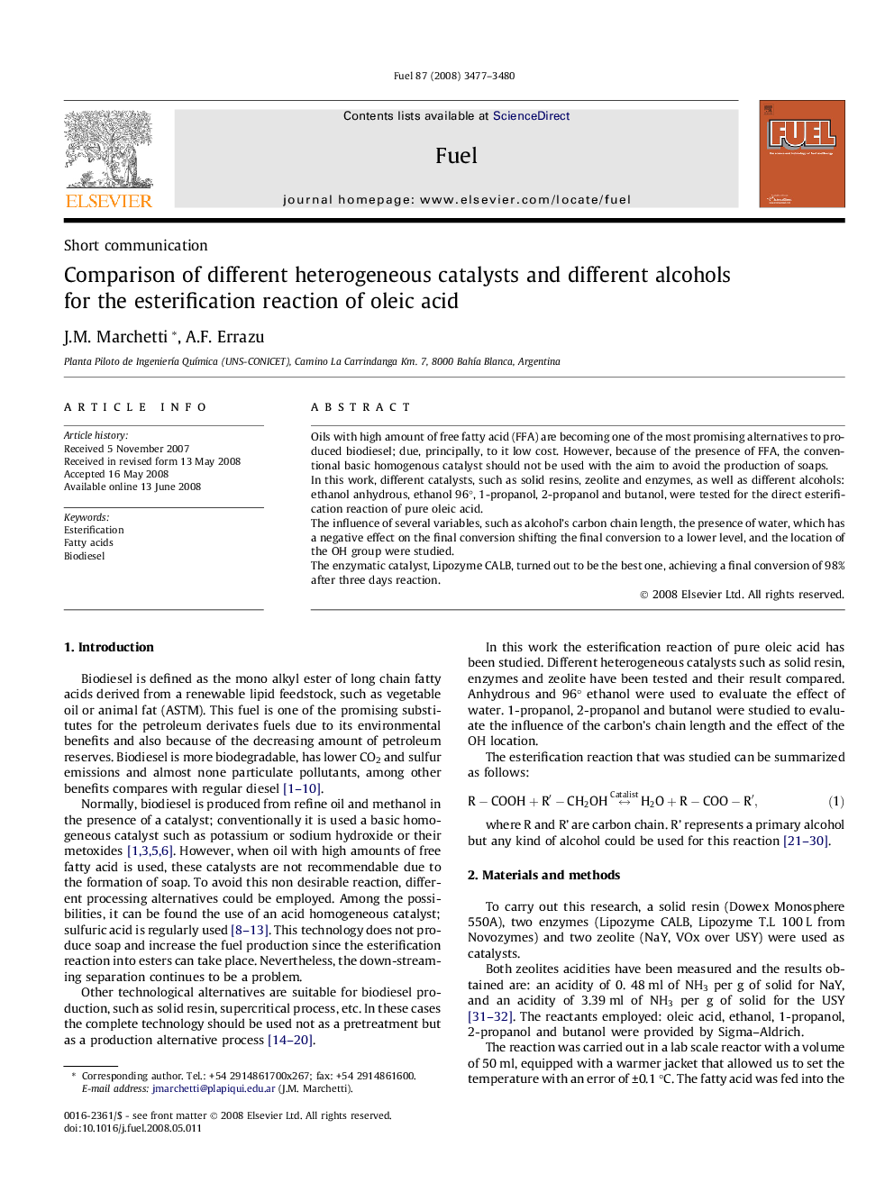 Comparison of different heterogeneous catalysts and different alcohols for the esterification reaction of oleic acid