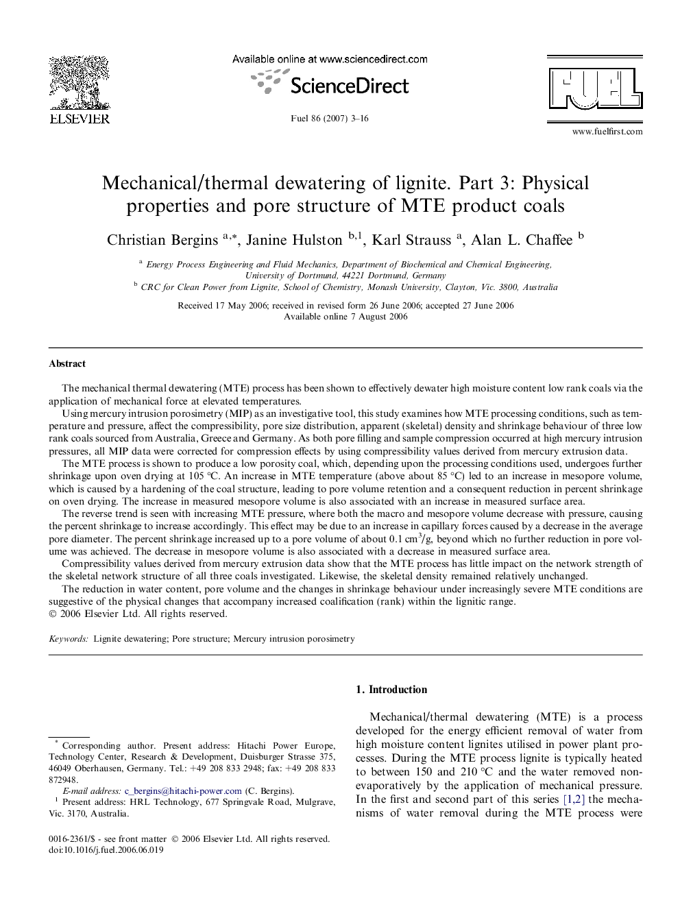 Mechanical/thermal dewatering of lignite. Part 3: Physical properties and pore structure of MTE product coals