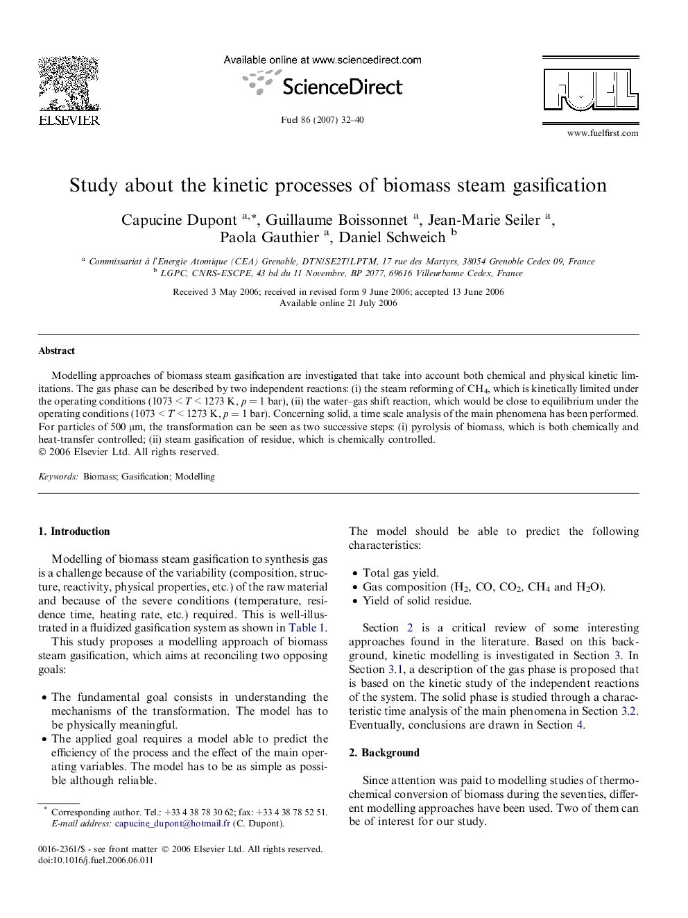 Study about the kinetic processes of biomass steam gasification