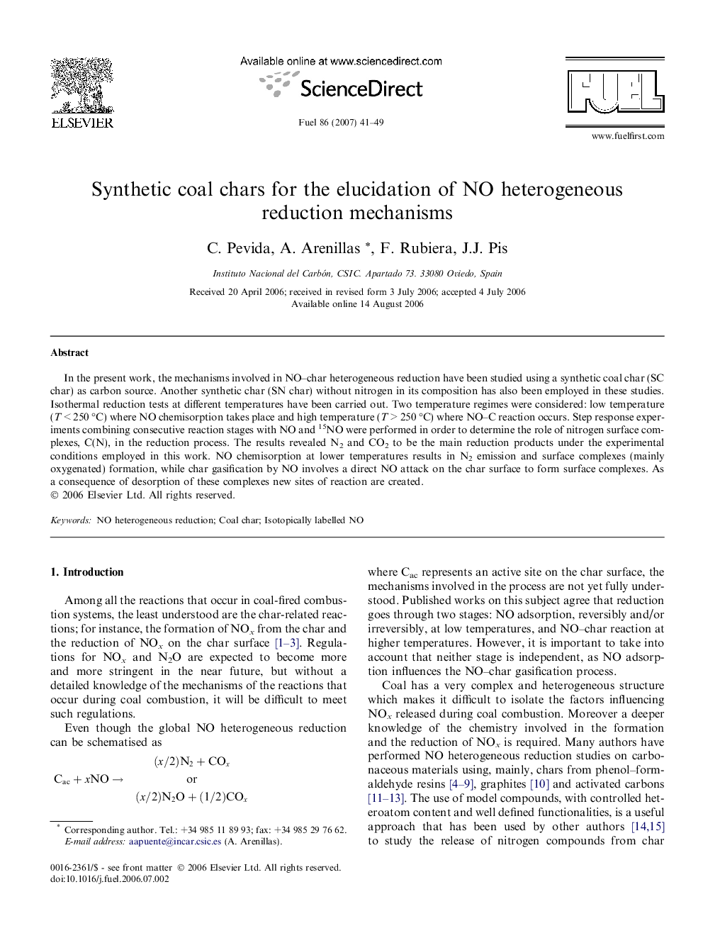 Synthetic coal chars for the elucidation of NO heterogeneous reduction mechanisms