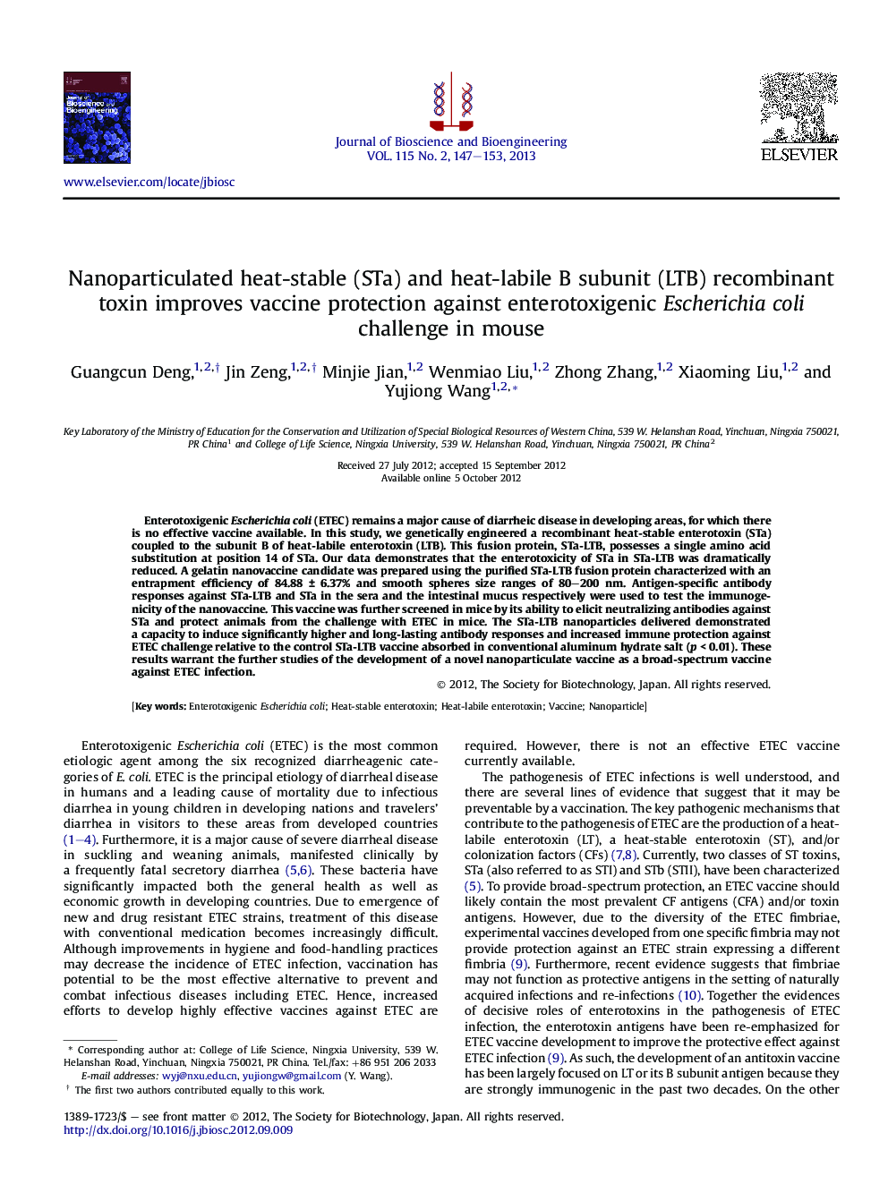 Nanoparticulated heat-stable (STa) and heat-labile B subunit (LTB) recombinant toxin improves vaccine protection against enterotoxigenic Escherichia coli challenge in mouse