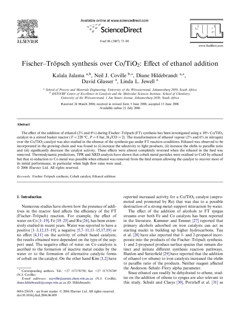 Fischer–Tröpsch synthesis over Co/TiO2: Effect of ethanol addition